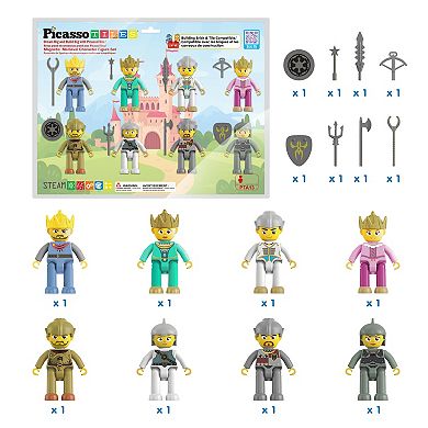 PicassoTiles 8 PC Medieval King and Knights Character Set, Magnetic Building Blocks for Kids 3+