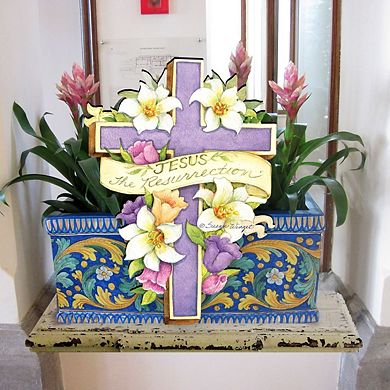 Easter Cross He is Risen 24-Inch Handcrafted Wooden Door Decor by Susan Winget - Spring Decor