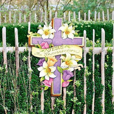 Easter Cross He is Risen 24-Inch Handcrafted Wooden Door Decor by Susan Winget - Spring Decor