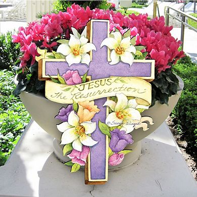 Easter Cross He is Risen 24-Inch Handcrafted Wooden Door Decor by Susan Winget - Spring Decor