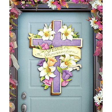 Easter Cross He is Risen 24-Inch Handcrafted Wooden Door Decor by Susan Winget - Spring Decor