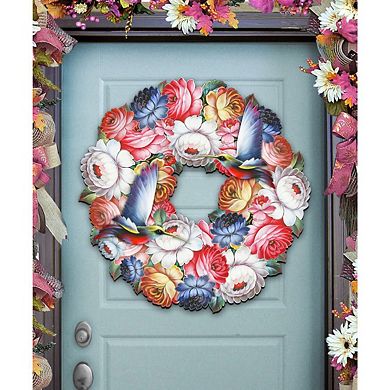 Birdy Floral Holiday 24-Inch Handcrafted Wooden Door Wreath by G. DeBrekht - Easter Spring Decor