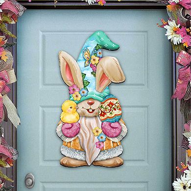 Easter Egg Bunny Gnome with Chick Wooden Door Hanger Wall by G. DeBrekht - Easter Spring Decor