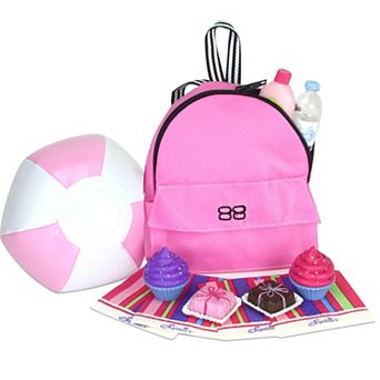 Sophia's  Doll Backpack, Bottle, Lotion, Beach Ball, Napkins, Cupcake & Petit Four Set