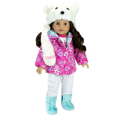 Sophia's Doll Print Parka, Snowboard Pants , Fur Boots & Polar Bear Hat
