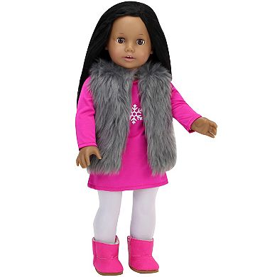 Sophia's Doll Snowflake Dress, Silver Shaggy Vest, Leggings & Booties