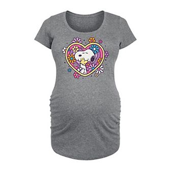 Maternity Peanuts Snoopy & Woodstock Hug Heart Flower Graphic Tee