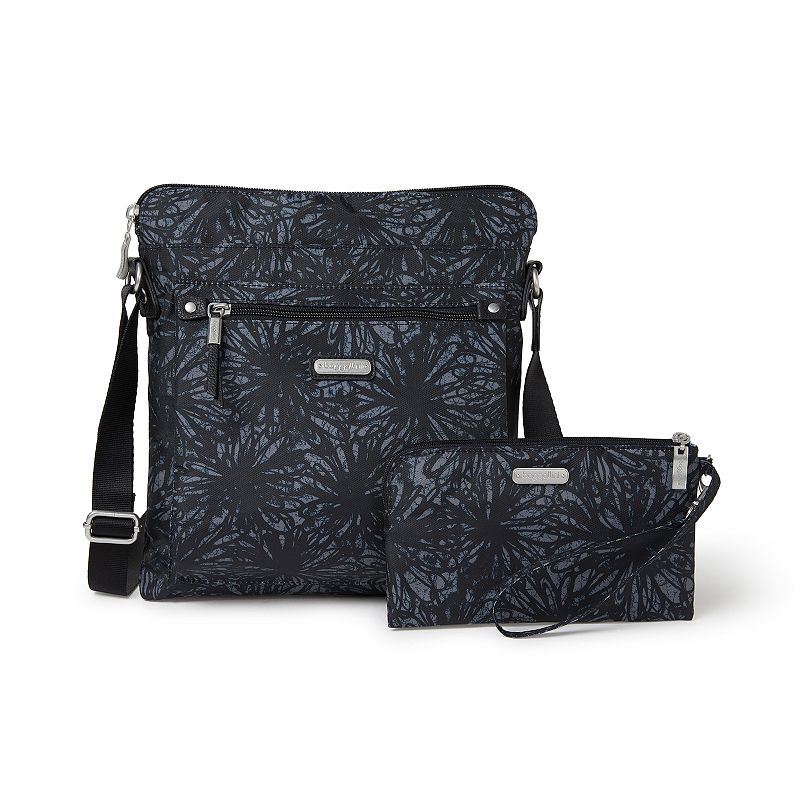 baggallini Go Bagg Crossbody Bag and RFID Phone Wristlet Set, Black Floral