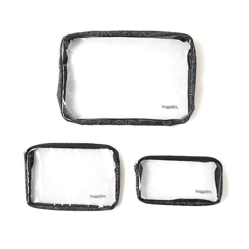 baggallini Set of 3 Clear Travel Pouches, Black Blossom Print