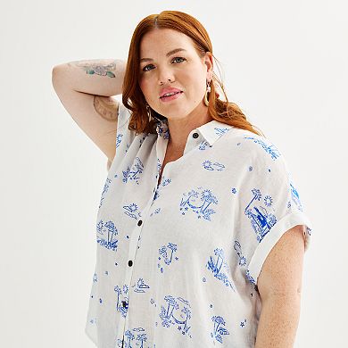 Plus Size Sonoma Goods For Life® Oversized Linen-Blend Camp Shirt