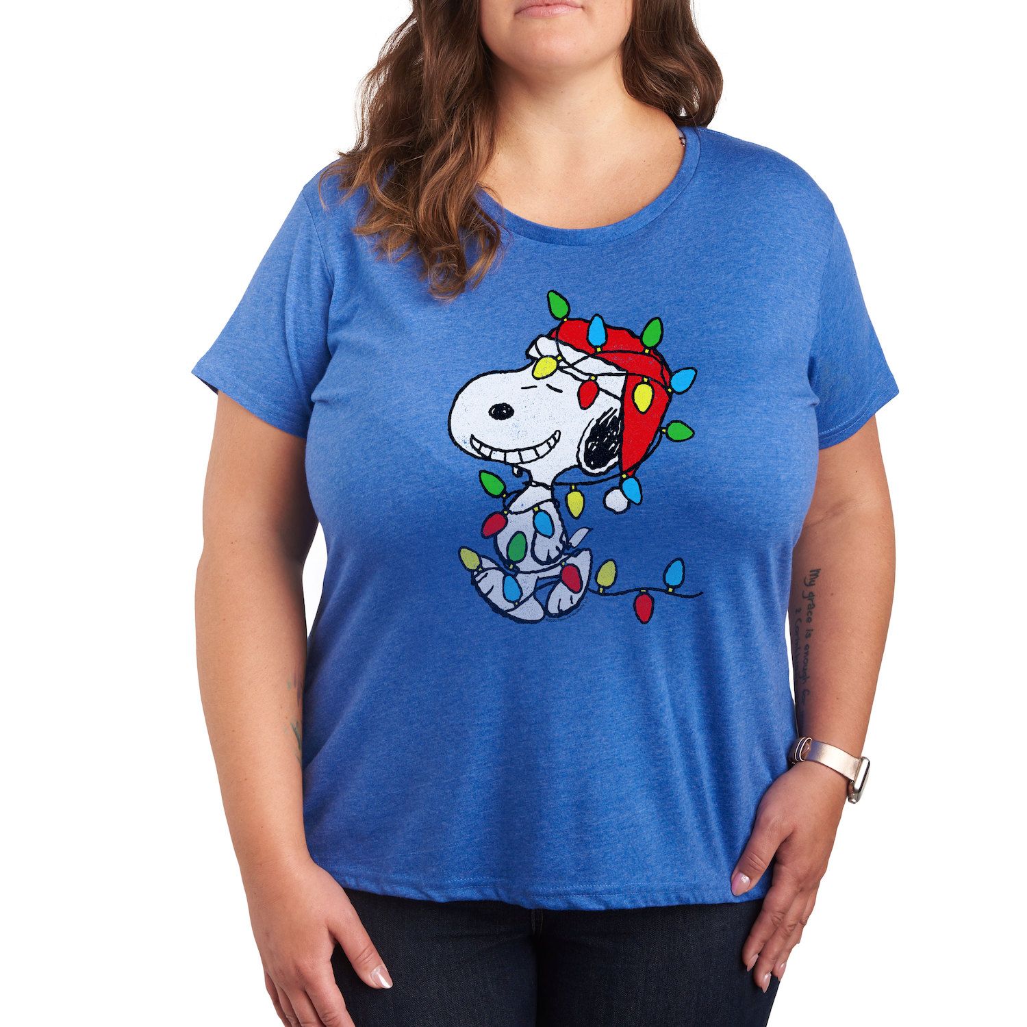 T-Shirt Donna Peanuts Snoopy Christmas - Maglietta Manica Corta Scritta Merry And Bright