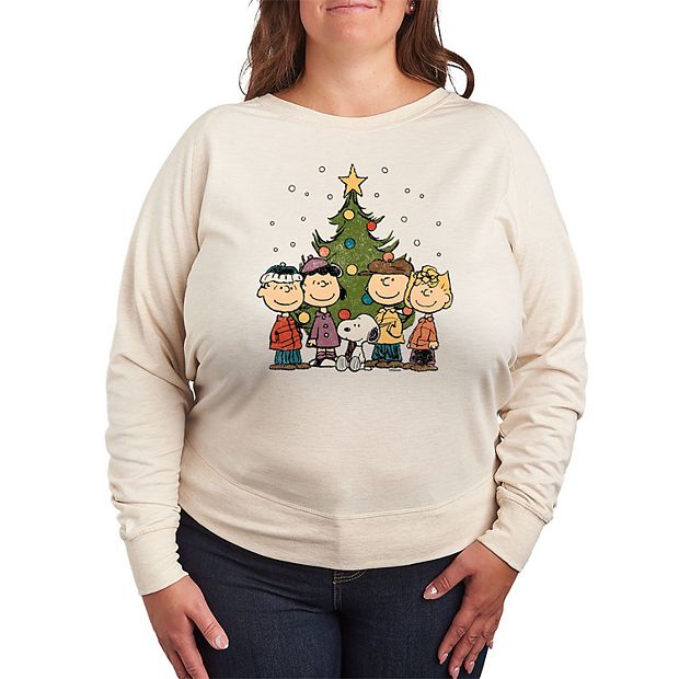 Plus Size Peanuts Christmas Group French Terry Long Sleeve Tee Women s Size 4XL Heather Indigo