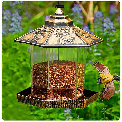 Twinkle Star Wild Bird Feeder, Outdoor Hanging for Garden Yard Decoration, Antique Finish Panorama Gazebo Birdfeeder, Hexagon Shaped with Roof