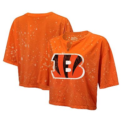 Women's Majestic Threads Orange Cincinnati Bengals Bleach Splatter Notch Neck Crop T-Shirt