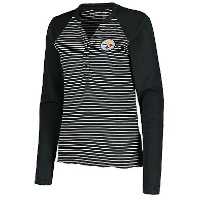 Women's Antigua Black Pittsburgh Steelers Maverick Waffle Henley Long Sleeve T-Shirt