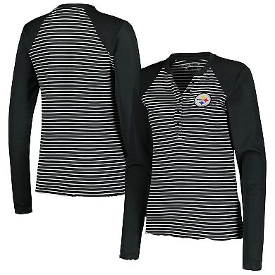 Women's Antigua Black Pittsburgh Steelers Maverick Waffle Henley Long Sleeve T-Shirt
