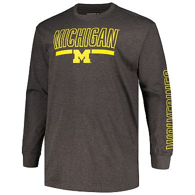 Men's Profile Heather Charcoal Michigan Wolverines Big & Tall Two-Hit Graphic Long Sleeve T-Shirt