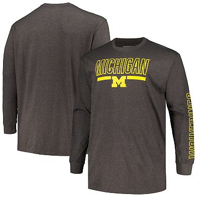 Men's Profile Heather Charcoal Michigan Wolverines Big & Tall Two-Hit Graphic Long Sleeve T-Shirt
