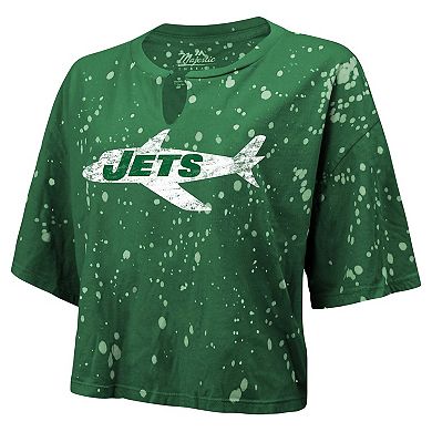 Women's Majestic Threads Green New York Jets Bleach Splatter Notch Neck Crop T-Shirt