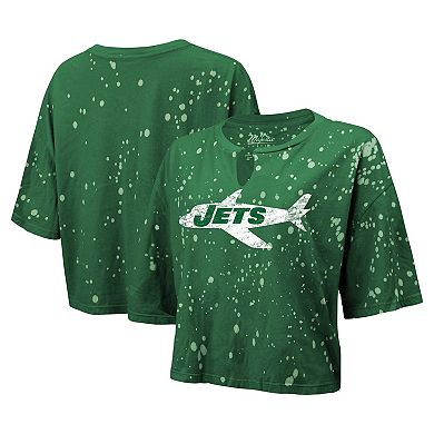 Women's Majestic Threads Green New York Jets Bleach Splatter Notch Neck Crop T-Shirt