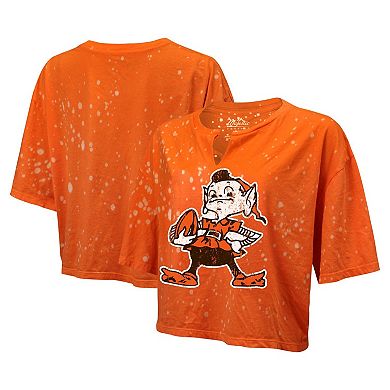 Women's Majestic Threads Orange Cleveland Browns Bleach Splatter Notch Neck Crop T-Shirt