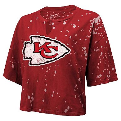 Women's Majestic Threads Red Kansas City Chiefs Bleach Splatter Notch Neck Crop T-Shirt