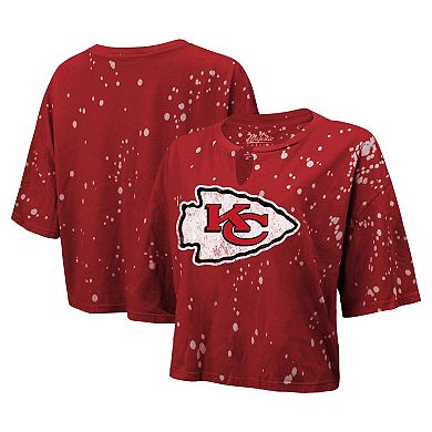Women's Majestic Threads Red Kansas City Chiefs Bleach Splatter Notch Neck Crop T-Shirt