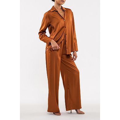 August Sky Women's Satin Button Down Top And Wide Leg Pant Set