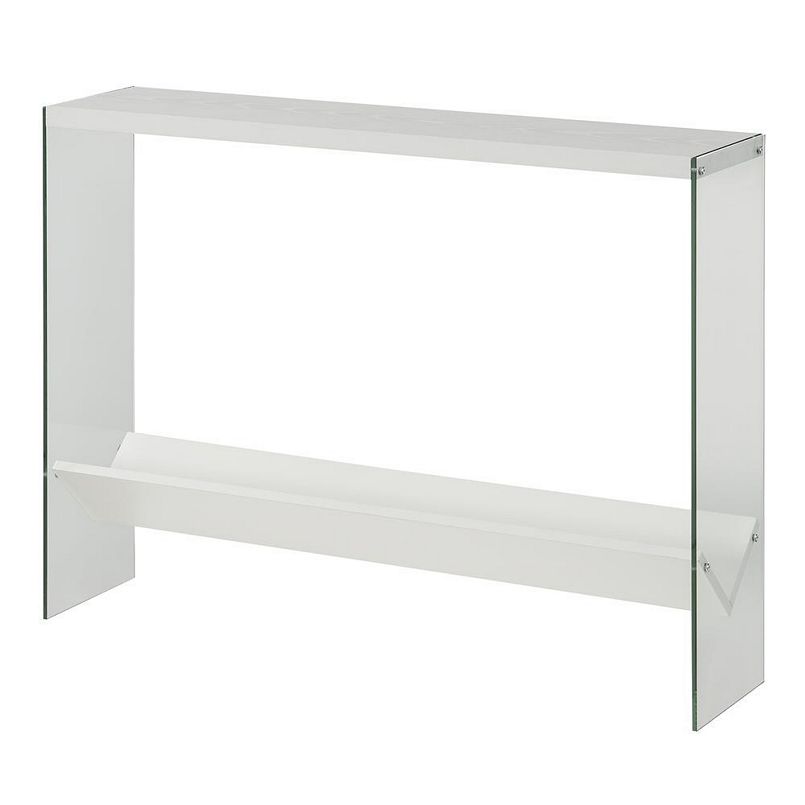 SoHo V Console Table with shelf in white metal frame and glass sides