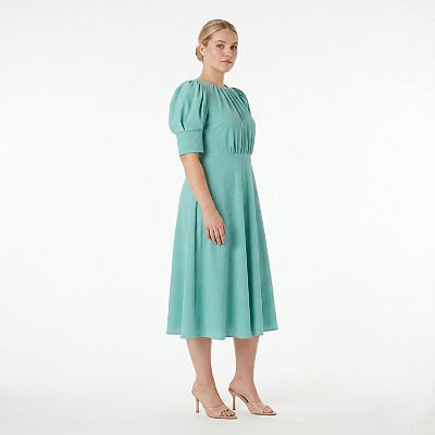 green emerald velvet dress Nora Milano Knit Short Sleeved Fit-And-Flare Midi Dress; Dark Navy