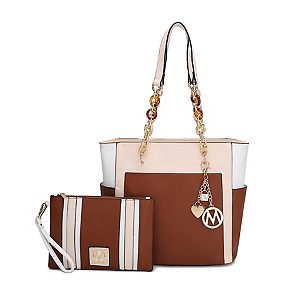 MKF Juliana Shoulder Bag & Wristlet Pouch Set - Vegan PU Leather Tote With 'M' Charm, Blush Pink