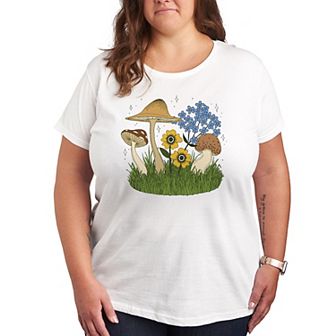 Plus Colorful Mushrooms and Flowers Graphic Tee