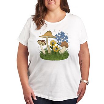Plus Colorful Mushrooms and Flowers Graphic Tee