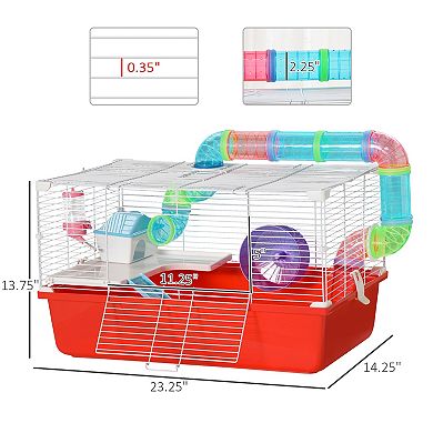 Large Hamster Cage And Habitat W/ Tube Tunnels, Exercise Wheel, Ladder, Red