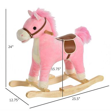 Rocking Horse Plush Animal On Wooden Rockers With Sounds, Wooden Base, Pink