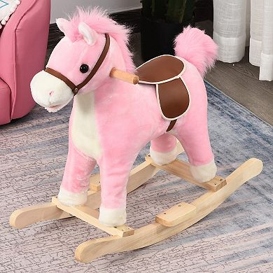 Rocking Horse Plush Animal On Wooden Rockers With Sounds, Wooden Base, Pink
