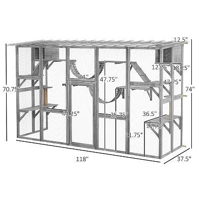 Pawhut Wooden Catio W/ Weather Protection Roof, Multiple Platforms, Door