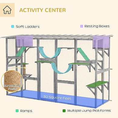 PawHut Catio Playground Outdoor Cat Enclosure Wooden w/ Roof