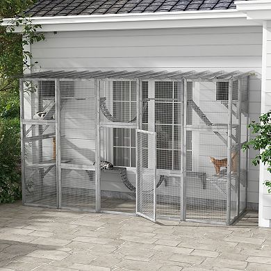 Pawhut Wooden Catio W/ Weather Protection Roof, Multiple Platforms, Door