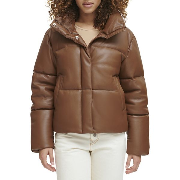 Women's Levi's&reg; Faux-Leather Short Puffer Jacket Color: Caramel Size: LARGE