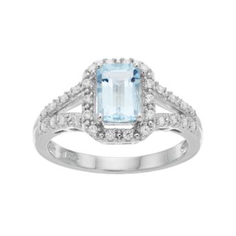 Sterling Silver Aquamarine & Cubic Zirconia Halo Ring