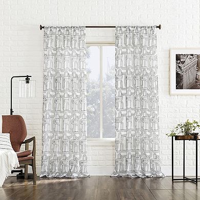 No. 918 Kaz Embroidered Retro Curves Sheer Rod Pocket 1 Window Curtain Panel