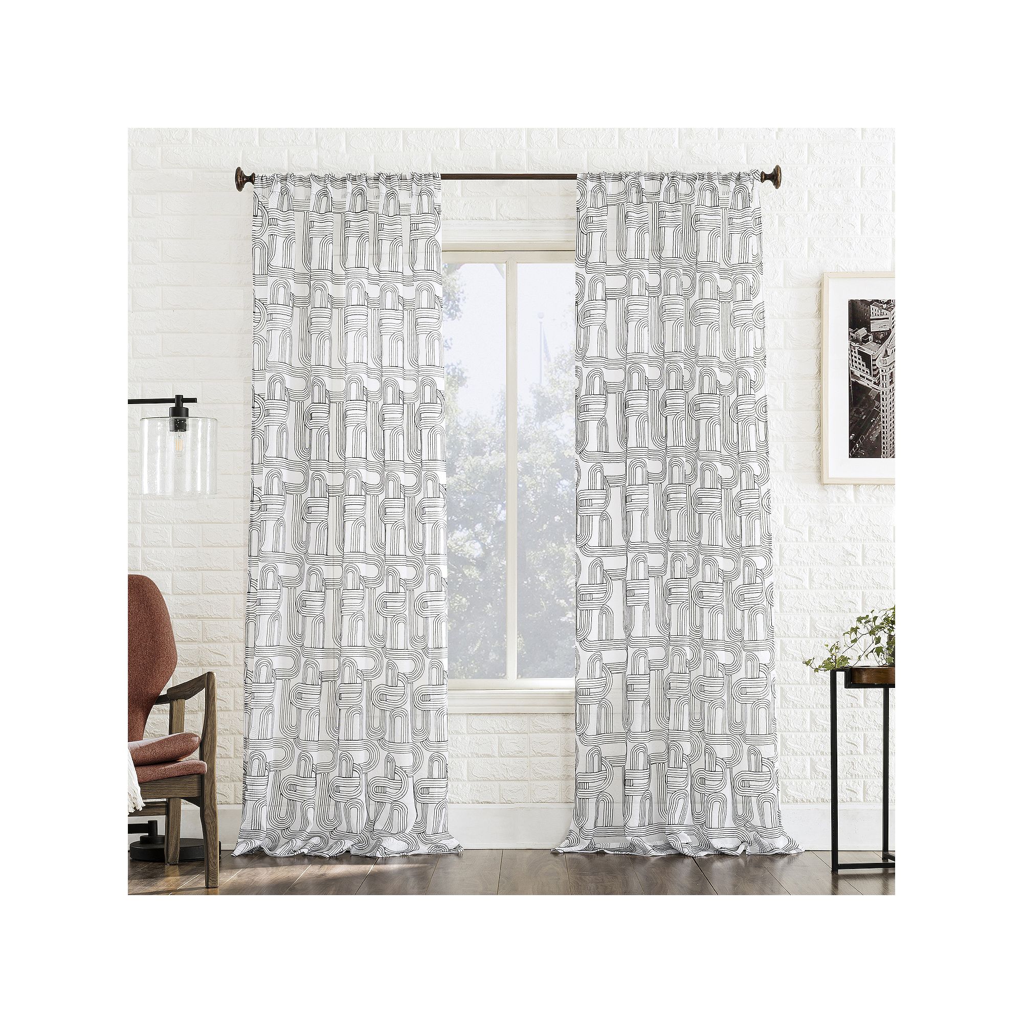 No. 918 Kaz Retro Embroidered Curves Sheer Rod Pocket 1 Window Curtain Pane