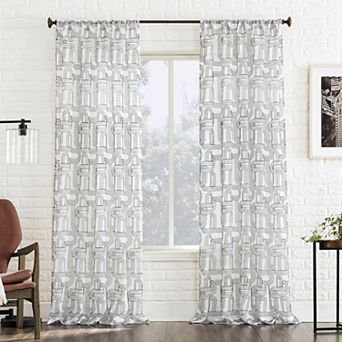No. 918 Kaz Retro Embroidered Curves Sheer Rod Pocket 1 Window Curtain Panel