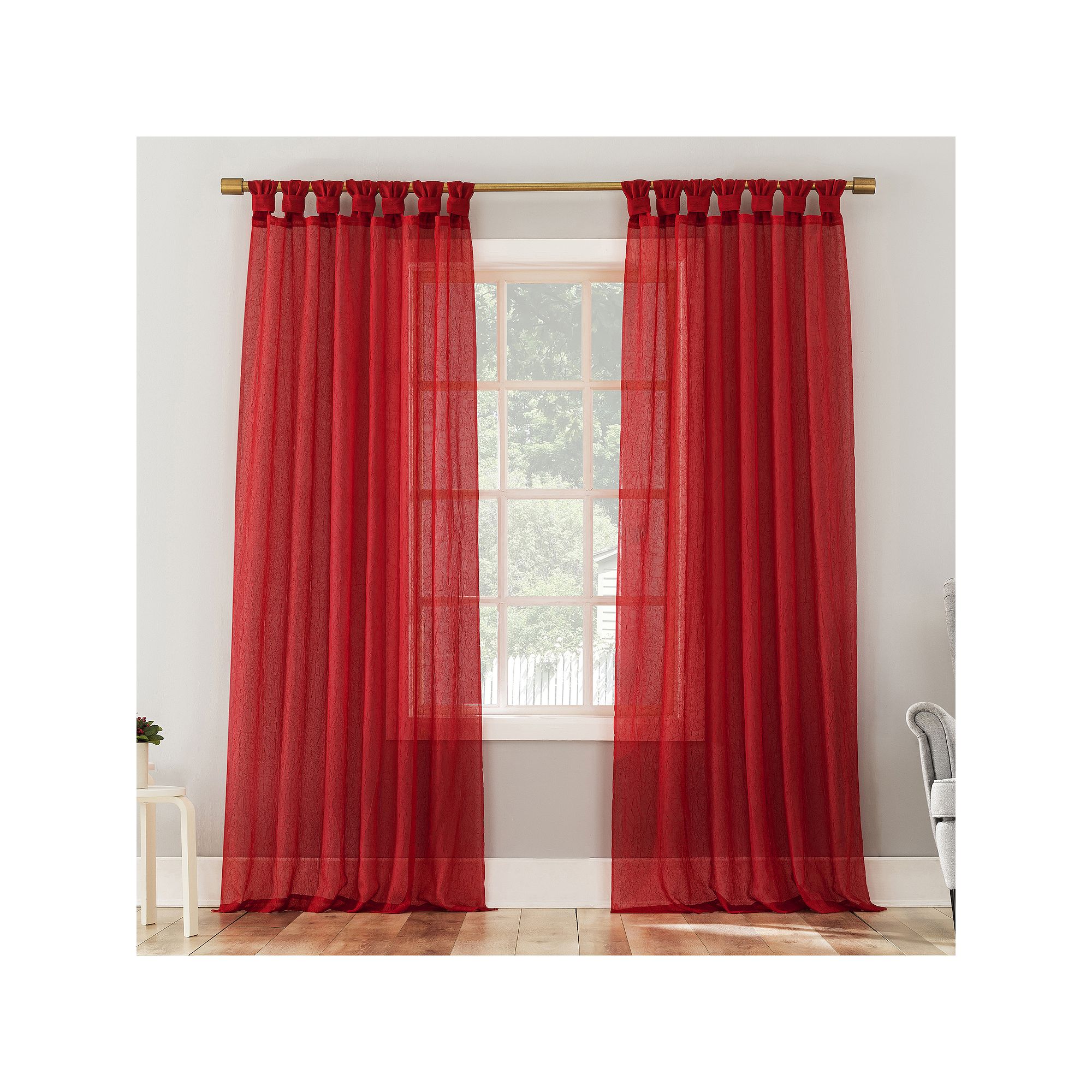 No. 918 Krista Holiday Twist Tab Sheer 1 Window Curtain Panel, Holiday Red