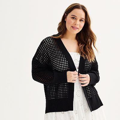 Juniors Plus Pink Republic Open Stitch Mesh Cardigan