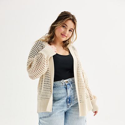 Juniors' Plus Pink Republic Open Stitch Mesh Cardigan