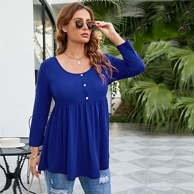 Women Plus Size 3/4 Long Sleeve Tunic Scoop Neck Pleated T-shirts Button Loose Fit Babydoll Shirts