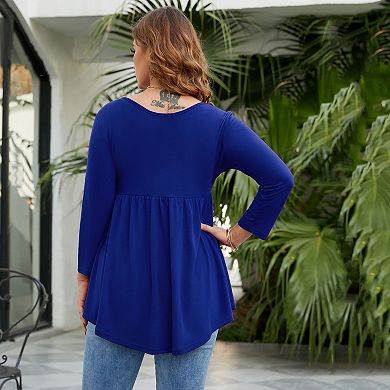 Women Plus Size 3/4 Long Sleeve Tunic Scoop Neck Pleated T-shirts Button Loose Fit Babydoll Shirts