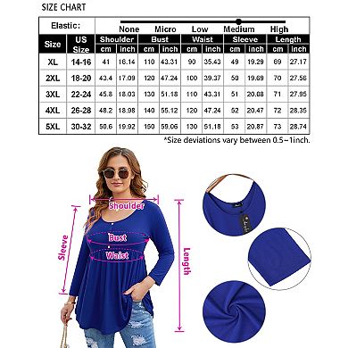 Women Plus Size 3/4 Long Sleeve Tunic Scoop Neck Pleated T-shirts Button Loose Fit Babydoll Shirts